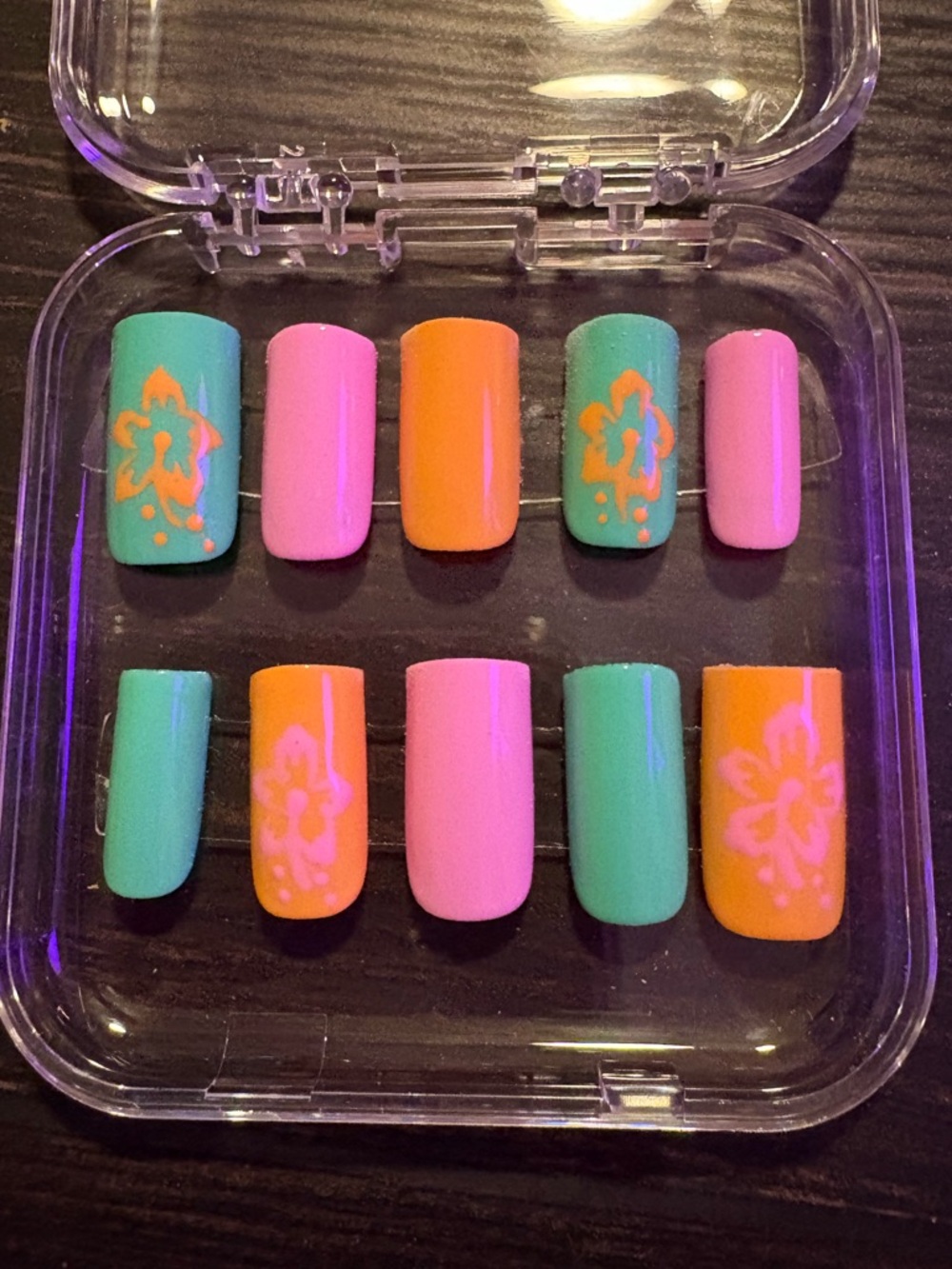 Press-On Nail Set - Pink, Teal & Orange Floral Accents